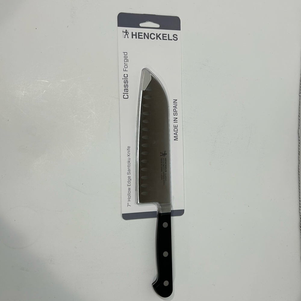 HENCKELS Classic Forged Hollow Edge Santoku Knife 7 Inch, German Steel.
